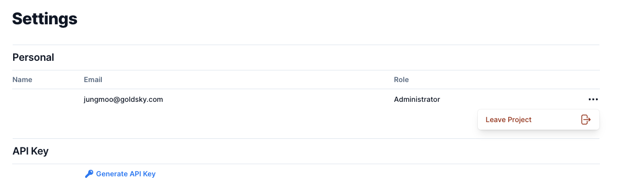 A screenshot of a settings section called Personal which displays a table with an email address, a role and an opened actions menu with a Leave Project link.
